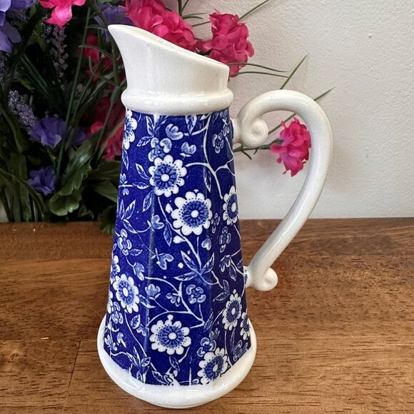 Other - Vintage Blue and‎ White Floral Transferware Pitcher Scroll Handle Ceramic Jug